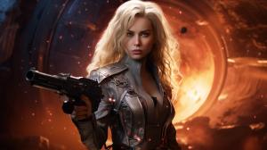 Blonde female space cowgirl,4k,sword and pistol,