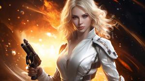 Blonde female space cowgirl,4k,sword and pistol,