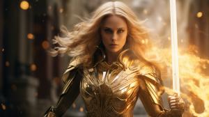 Female space warrior,golden energy,white armor,holding a sword,spaceship in the background,4k UHD,walking through golden fire