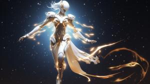 Warframe,female warframe,in front of the stars,white hair,white armor,4k UHD,golden energy,hips,high heels,jumping