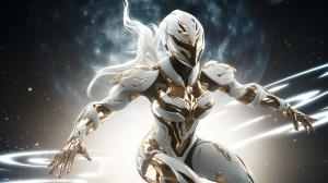 Warframe,female warframe,in front of the stars,white hair,white armor,4k UHD,golden energy,hips,high heels,jumping