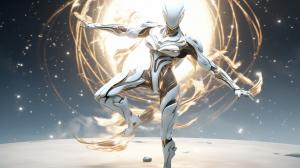 Warframe,female warframe,in front of the stars,white hair,white armor,4k UHD,golden energy,hips,high heels,jumping