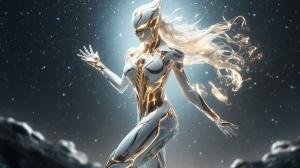 Warframe,female warframe,in front of the stars,white hair,white armor,4k UHD,golden energy,hips,high heels,jumping