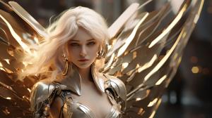 Pwarframe girl,beautiful,white hair,blind,golden energy,white armor,angel wings,wings,black lips,skin cracks