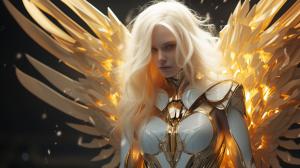 Pwarframe girl,beautiful,white hair,blind,golden energy,white armor,angel wings,wings,black lips,skin cracks