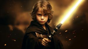 Anakin skywalker holding a gold light saber