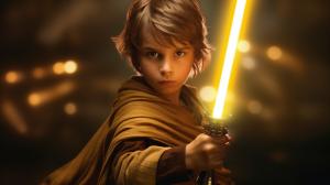 Anakin skywalker holding a gold light saber