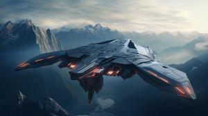 A sci fi spaceship flying threw mountains