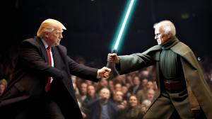 Donald trump as a jedi fighting joe biden a sith