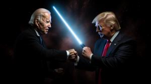 A lightsaber dual between donald trump and joe biden