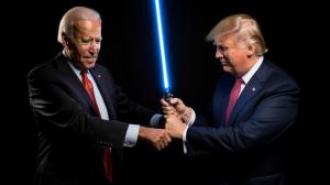 A lightsaber dual between donald trump and joe biden