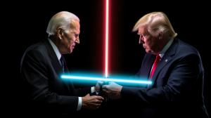 A lightsaber dual between donald trump and joe biden