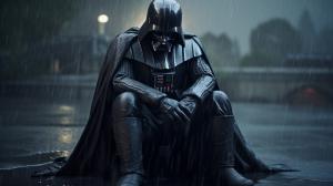 Darth vader sat down in heavy rain sad