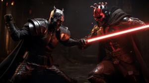 Darth maul wearing mandalorian armour fighting darth Vader