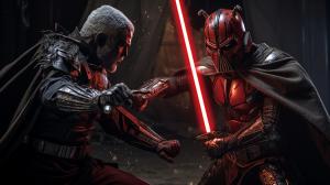 Darth maul wearing mandalorian armour fighting darth Vader