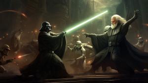 Yoda and obi wan fighting darth vader and darth sidious on the deathstar