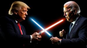 A lightsaber fight between joe biden and donald trump