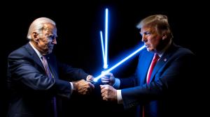 A lightsaber fight between joe biden and donald trump