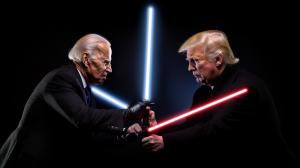 A lightsaber fight between joe biden and donald trump