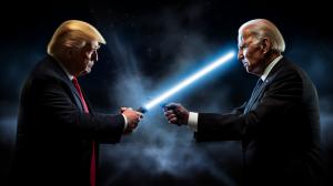 A lightsaber fight between joe biden and donald trump