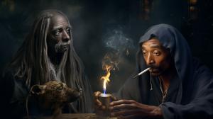 2pac and snoopdog smoking together with gandalf