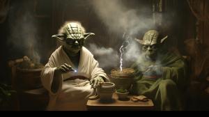 Yoda smoking with obi wan and dath vader