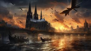 Cologne Cathedral, Horses, Zepplin, Magic, River, Birds