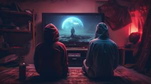 Two teenagers in hoodies sitting on a couch in front of a plasma tv on another planet