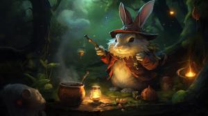 Wizard bunny adventures giant trees carrot potions smoking pipe campfire night