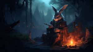 Wizard bunny adventures giant trees carrot potions smoking pipe campfire night