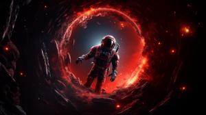 red Astronaut floating into astroid belt with breathtaking space and black hole in background