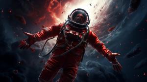 red Astronaut floating into astroid belt with breathtaking space and black hole in background