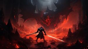 black Knight fighting goblins with red glowing swords in torch lit cavern