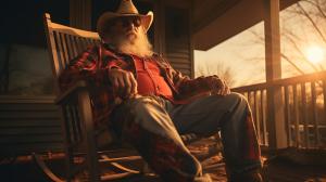 Redneck rooster wearing overalls red flannal shirt straw hat sitting rocking chair on front porch on farm house during sunrise