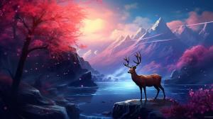 Mountains nightsky deer stars waterfall cherryblossems