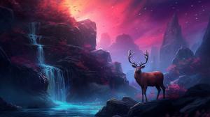 Mountains nightsky deer stars waterfall cherryblossems