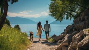 young man and woman walking with two Great Danes, around lake Garda in northern Italy walking towards their new home near lake.