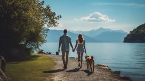 young man and woman walking with two Great Danes, around lake Garda in northern Italy walking towards their new home near lake.