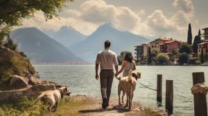 young man and woman walking with two Great Danes, around lake Garda in northern Italy walking towards their new home near lake.