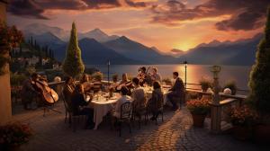 large balcony with family and friends eating food and enjoying traditional music being played by a  stringed quartet. Lake Garda in the background with high mountains at sunset.