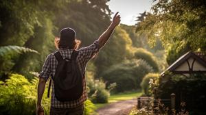 Man in checkered shirt wearing explorer's hat, walking up a woodland path to a friends house in the distance. Friend is waving at man in chequered shirt.