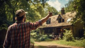 Man in checkered shirt wearing explorer's hat, walking up a woodland path to a friends house in the distance. Friend is waving at man in chequered shirt.