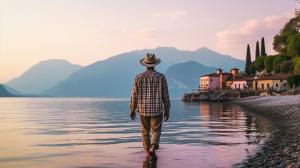 Man with purple checkered shirt short hair wearing a brimmed explorer's hat walking across lakeside in northern Italy Lake garda at sunrise.