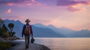 Man with purple checkered shirt short hair wearing a brimmed explorer's hat walking across lakeside in northern Italy Lake garda at sunrise.