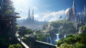 Futuristic city at the top of a high mountain and many people walking narrow road to get to it with peaceful environment around like paradise.