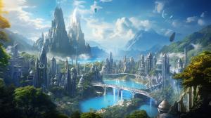 Futuristic city at the top of a high mountain and many people walking narrow road to get to it with peaceful environment around like paradise.