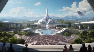 Jehovah's Witnesses gather for a outside 2023 Exercise Patience Convention at a futuristic open air arena with beautiful paradise background.