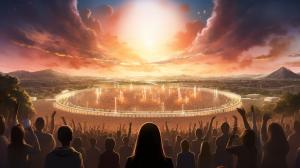 Jehovah's Witnesses gather for a outside 2023 Exercise Patience Convention at a futuristic open air arena with beautiful paradise background.