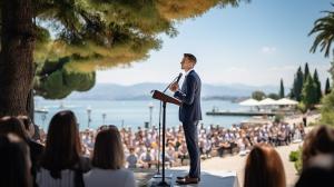 Man standing in a suit with rostrum and stand with microphone on it, many Jehovah's witnesses gathered for exercise patience 2023 convention of Jehovah's Witnesses at a outdoor venue at Lake Garda Northern Italy.