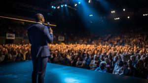 Jehovah's Witnesses Convention Exercise Patience interior of Birmingham NEC arena 2023, stage with man in suit standing in front of a rostrum with a microphone in front of him, welcoming speech to attending delegate's